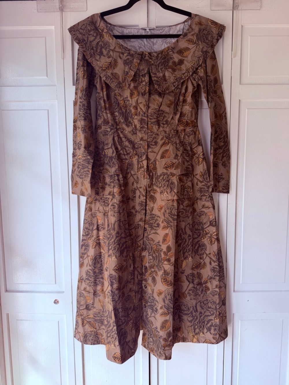 Ganni Floral Print Long Sleeve Midi Dress in Brown and Tan